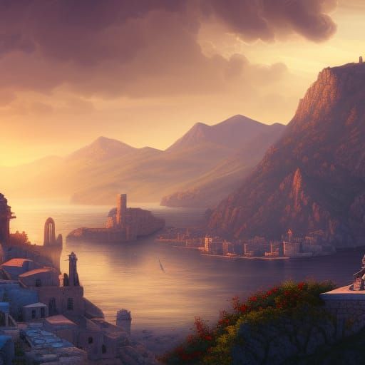 Fantastical Greece in Detailed Matte Painting Style