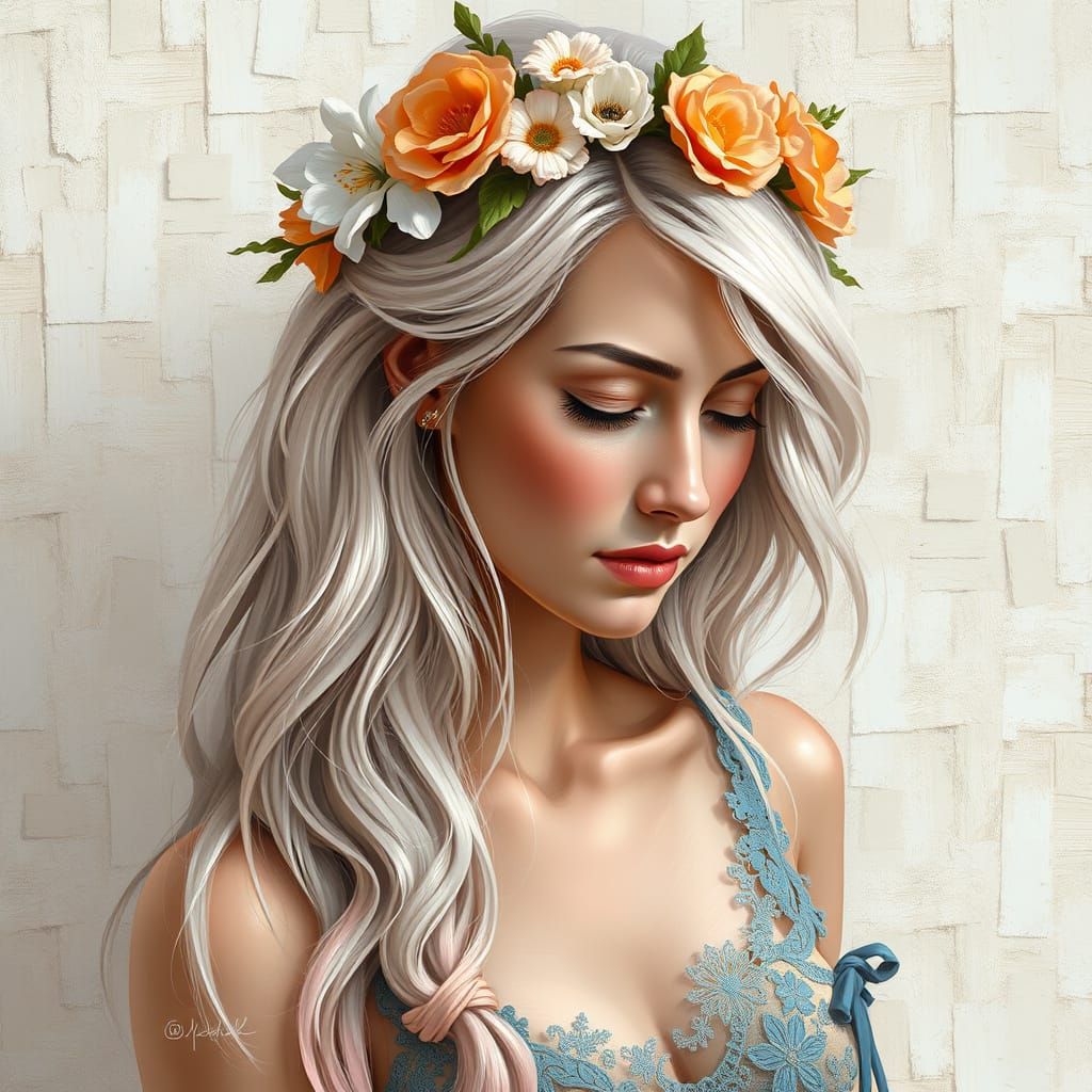 Woman with Flower Crown as Impasto Painting