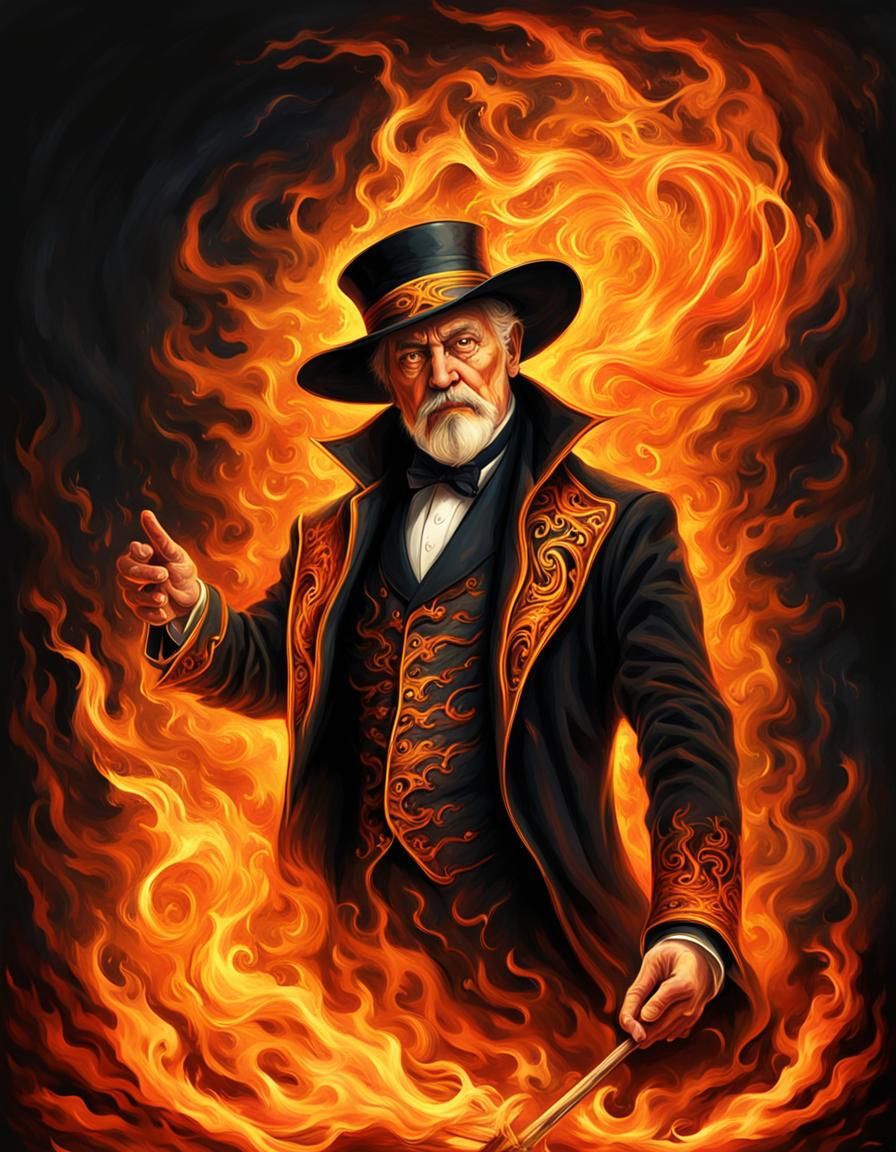 Vibrant Portrait of a Legendary Magician Enveloped in Blazin...