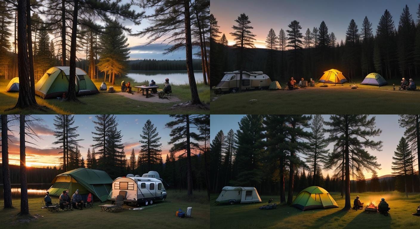 Calm Morning in a Forest Clearing with Campers and a Campfir...