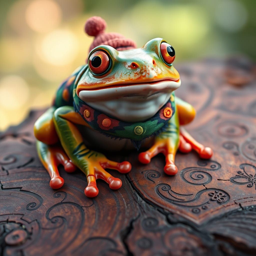 Whimsical Frog Adorns Textured Wood Canvas in Vibrant Art