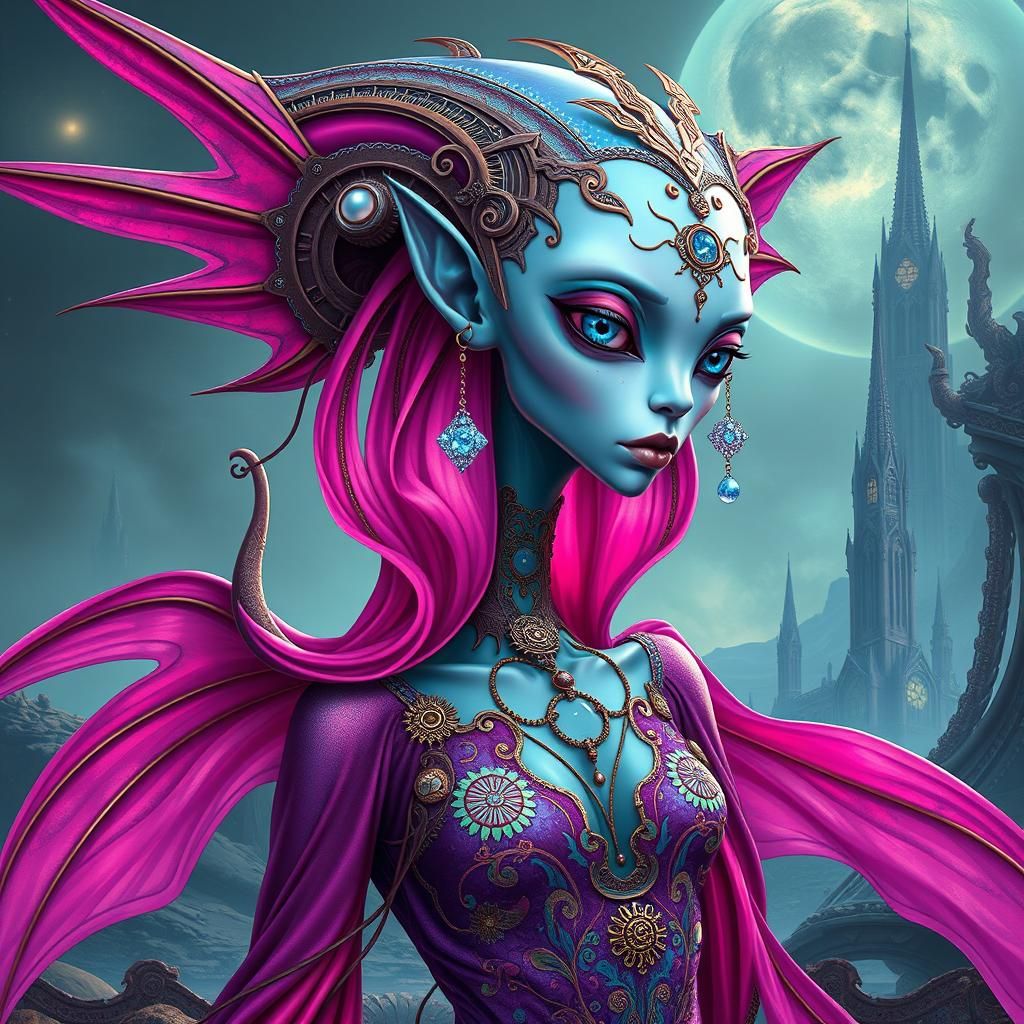 a funky sparkling alien female with an elongated head pale b...