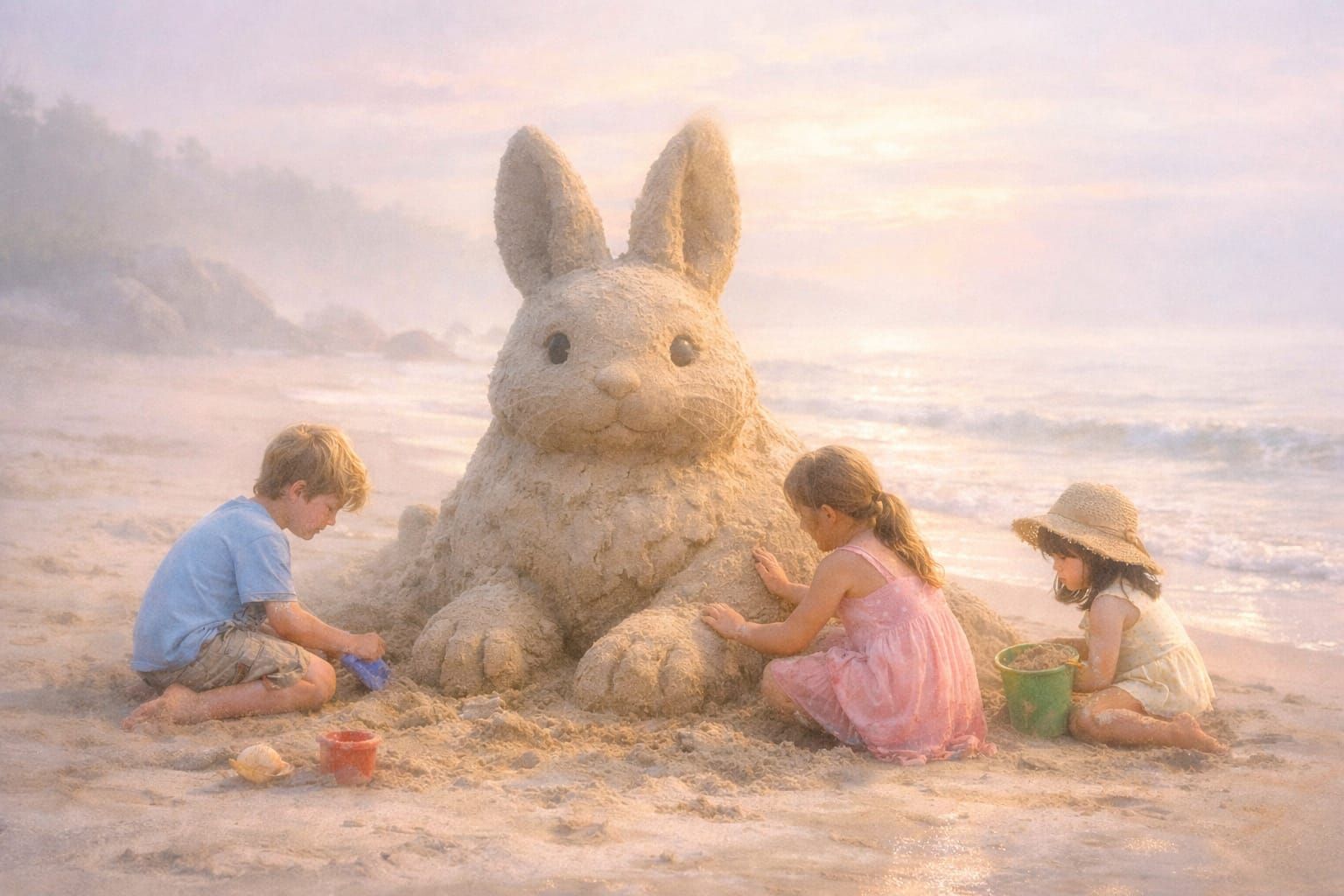 Children Build Whimsical Sand Rabbit in Misty Dawn Light