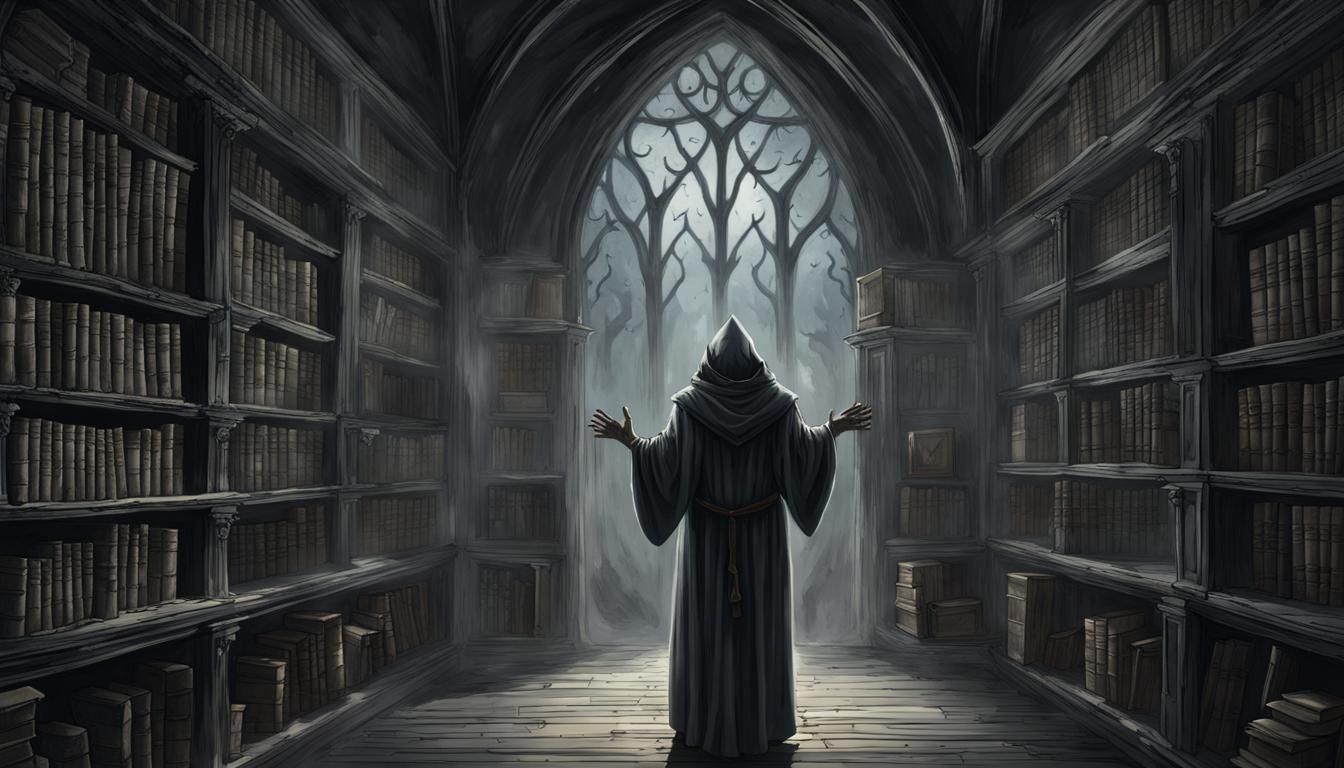 Spectral Monk in Dark Medieval Library, in the Style of Helg...