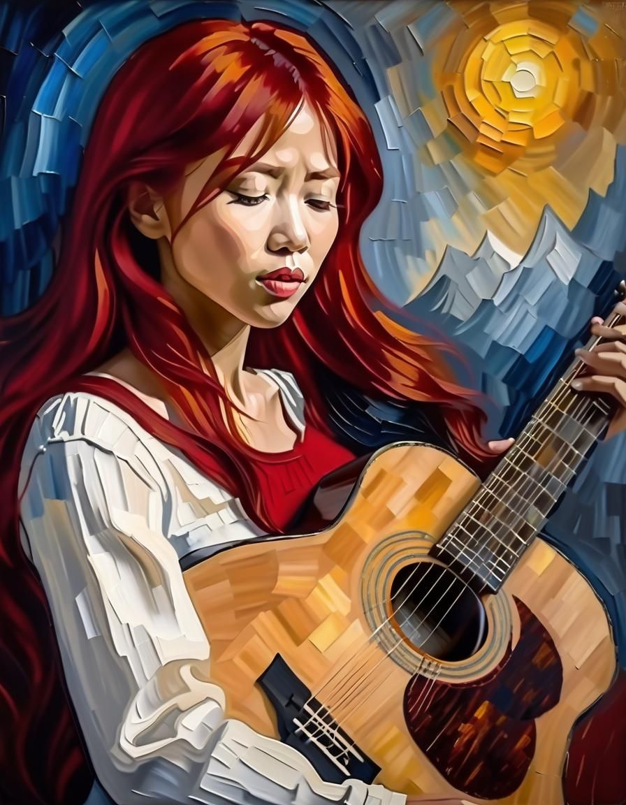 Ethereal Japanese Woman Serenades with Acoustic Guitar in Mo...