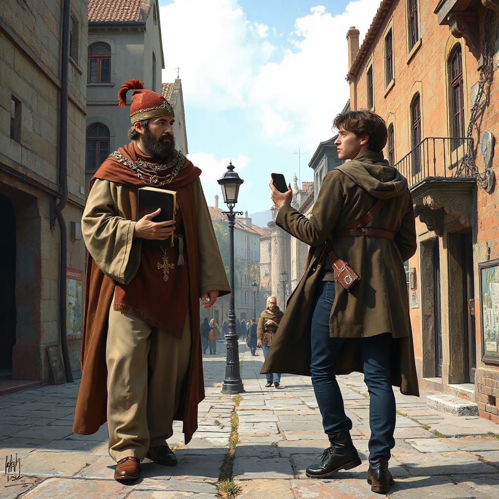 Medieval Inquisitor Meets Modern Man in Gothic Cityscape