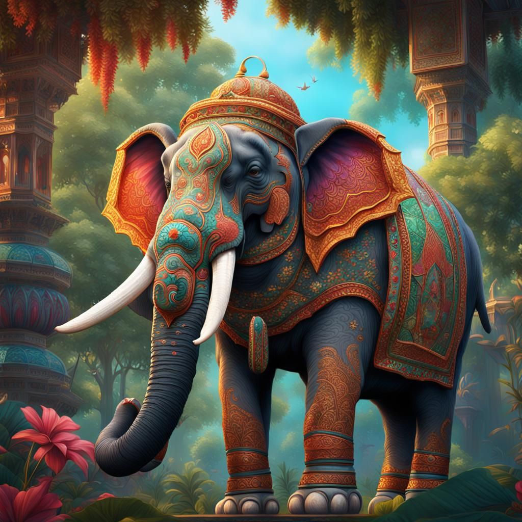 Elegant Indian Elephant in Tropical Landscape, Kashmiri Art....