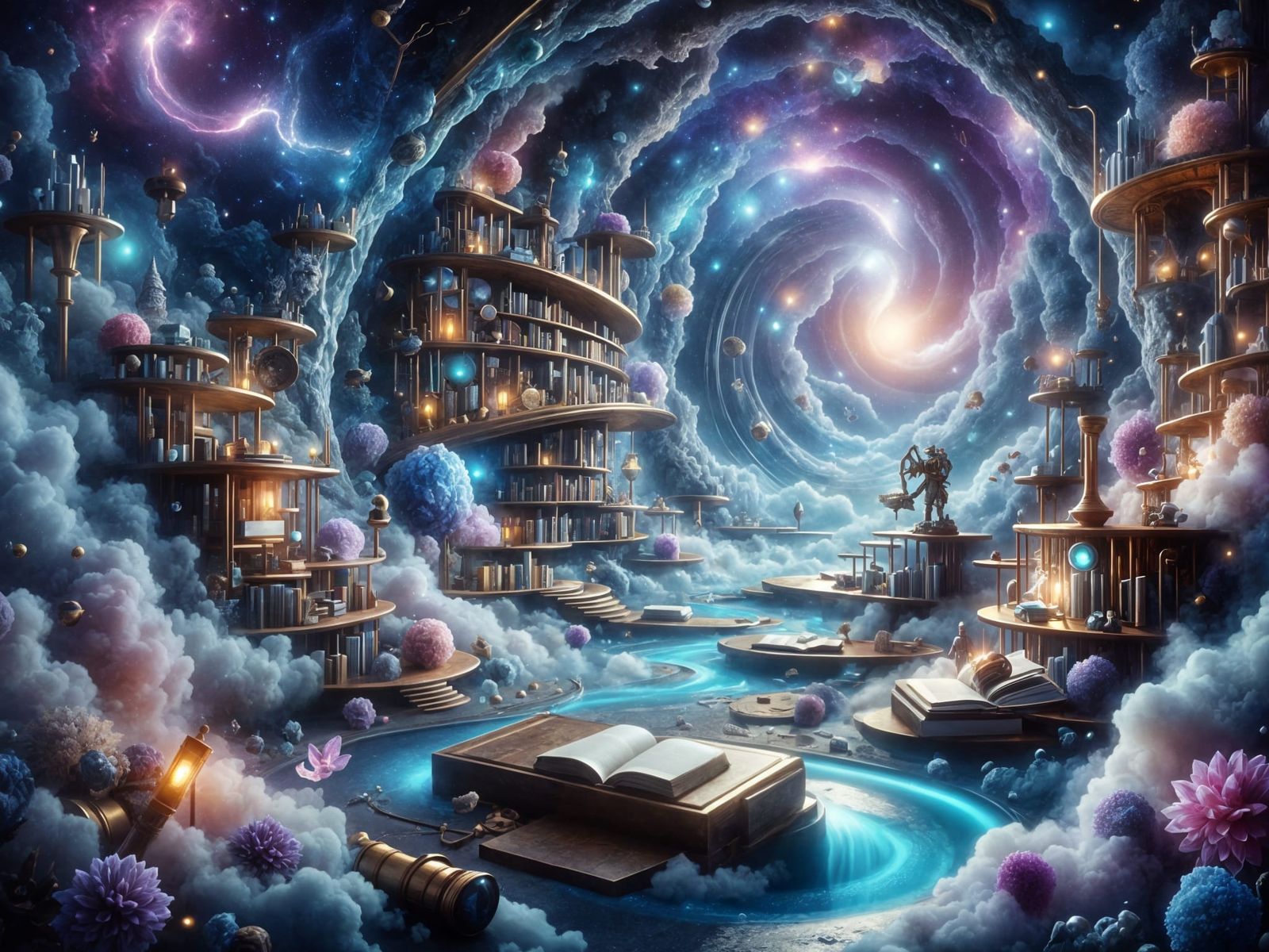 Steampunk Crystal Geode Library in Cosmic Clouds