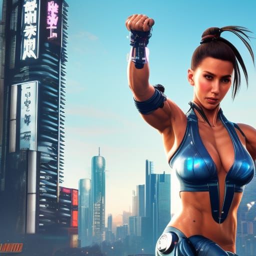 wet tanned big muscular female physique half cyborg enhanced female, chun-li full costume, sunny day, top of building, 4...