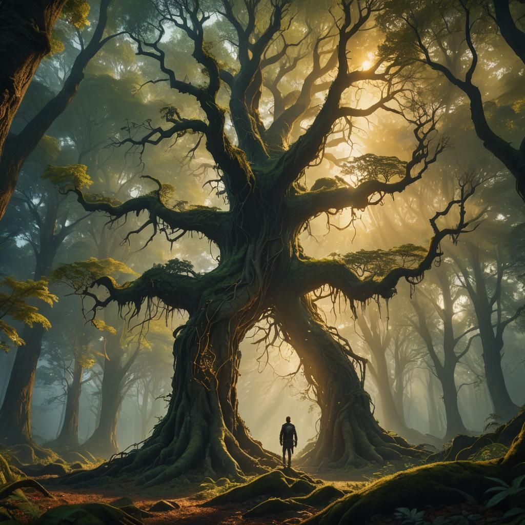 Majestic Figure Embarks on Whimsical Forest Journey in Mysti...