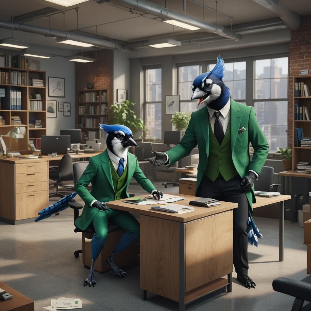 Mirthful Blue Jay Shares a Joke in a Fantastical Office Scen...