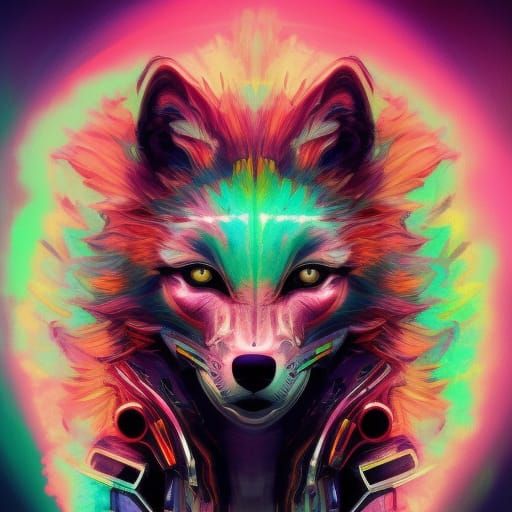 Pastel Cyberpunk Wolf Graffiti Portrait in Bright, Vivid Col...