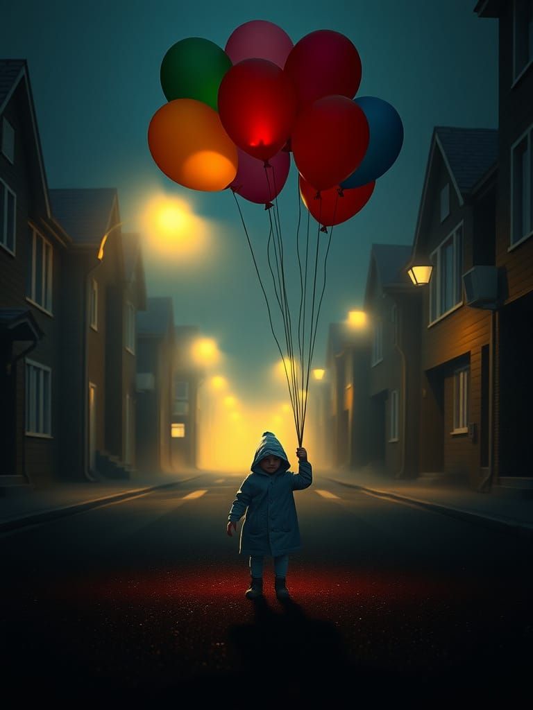 Eerie Ghost Child with Balloons in Fog