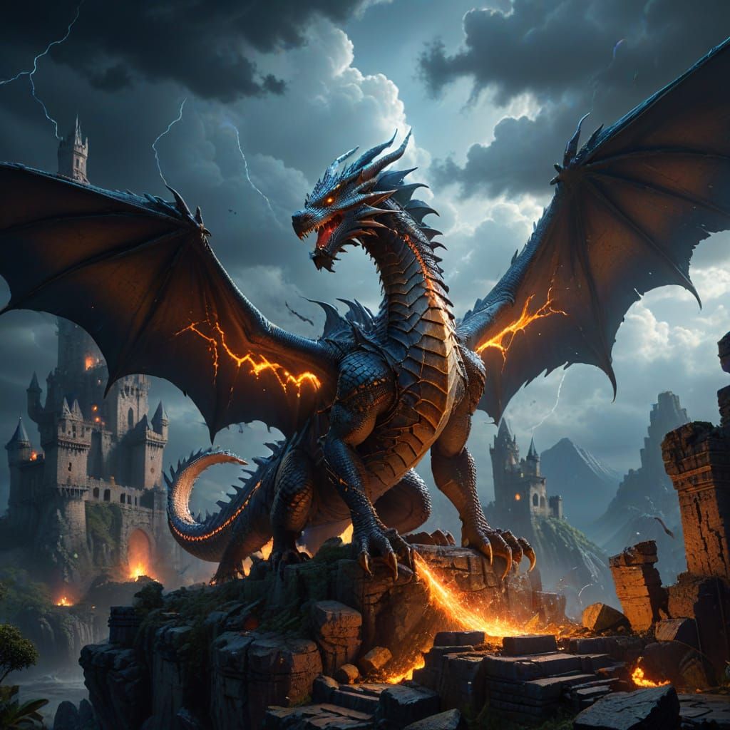 Majestic Dragon Over Ruined Castle in Stormy Sky