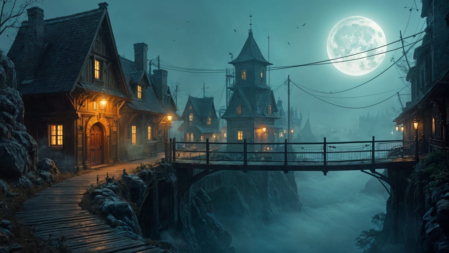 Steampunk Village at Night: Digital Matte Painting