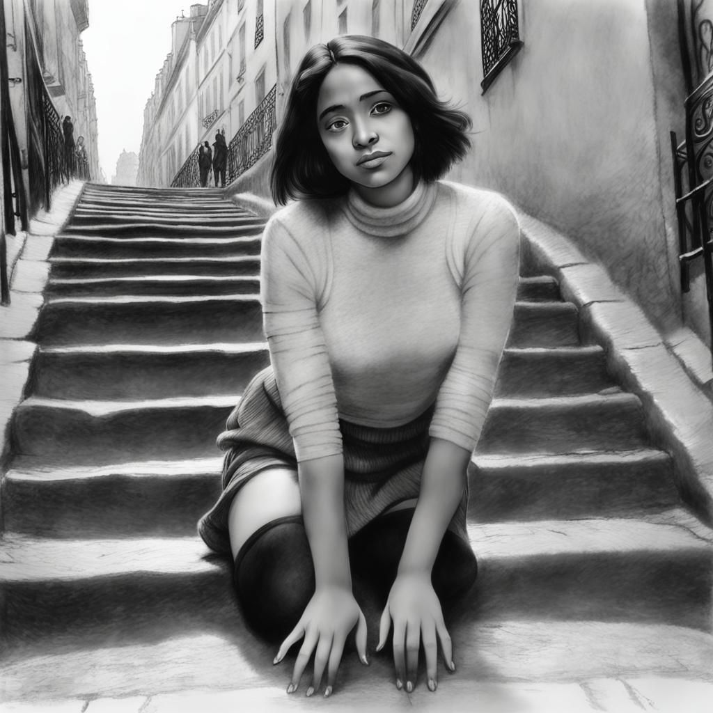 Young Latina Ascends Stairs in Montmartre with Determination