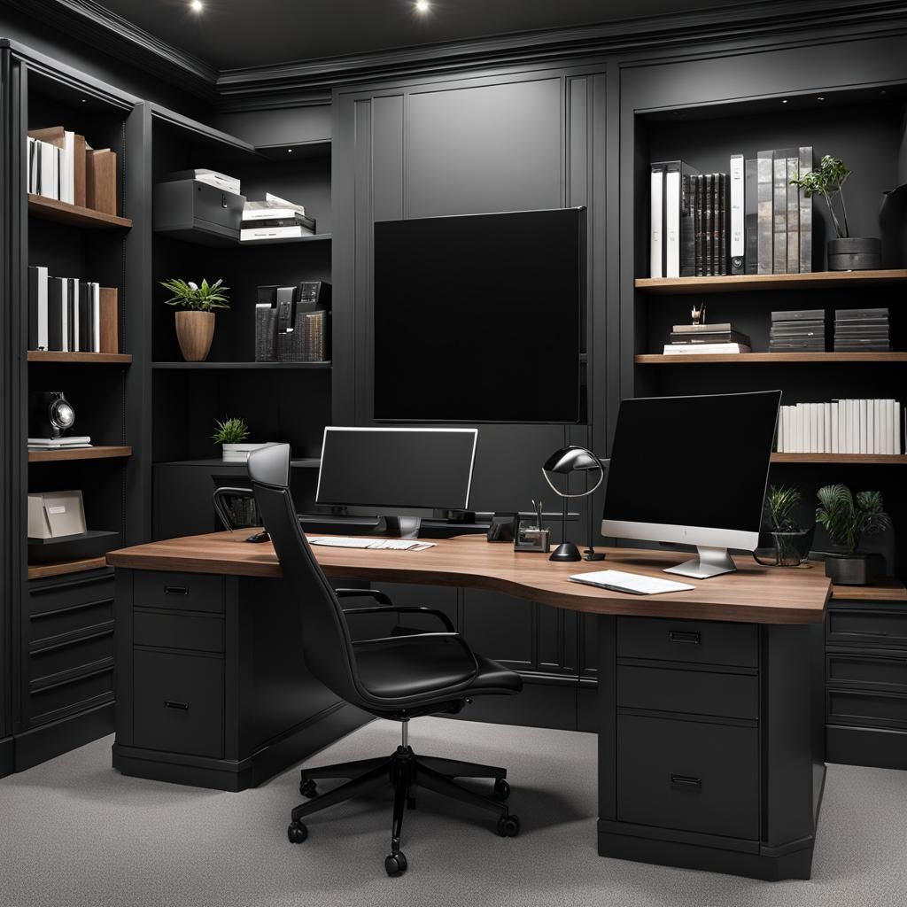 Modern Professional Home Office with Gray Walls and Black Fu...