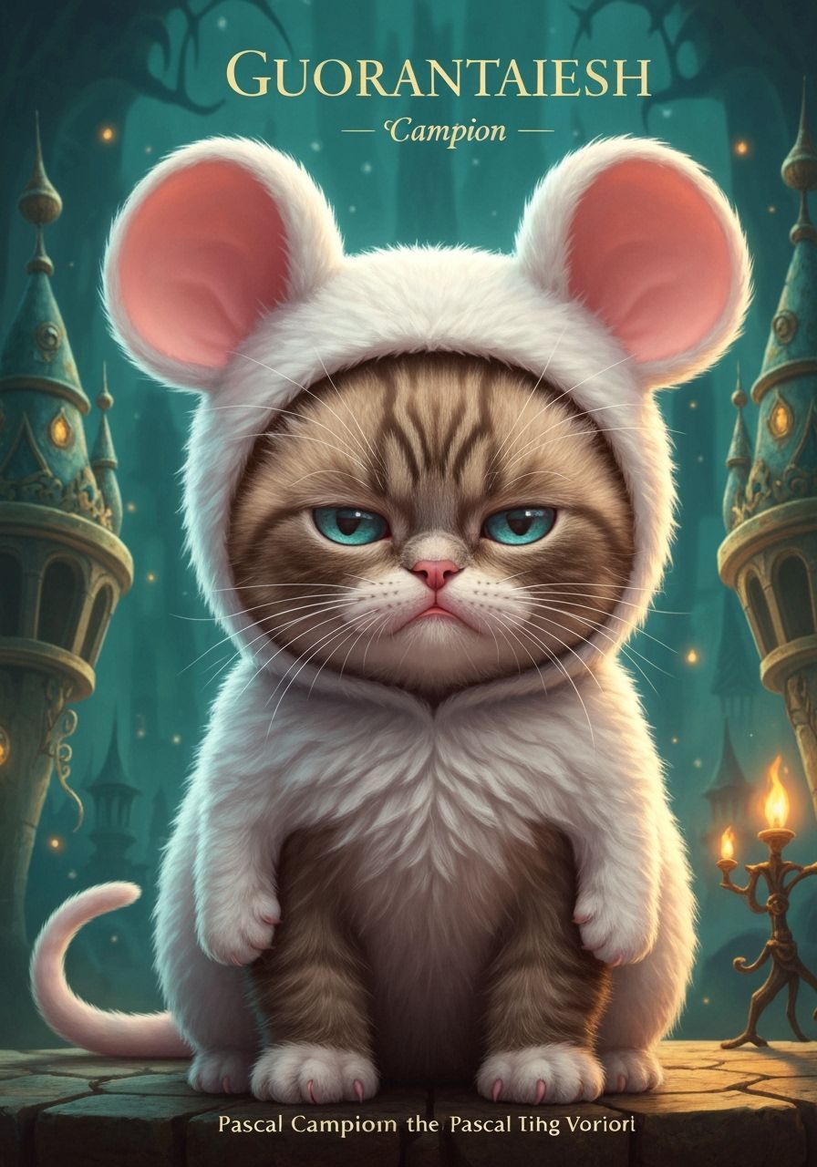Grumpy Kitten in Mouse Costume with Fantastical Background