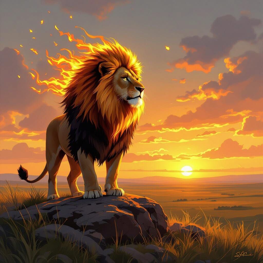 Flaming Lion Overlooking Sunset Plain as Digital Painting