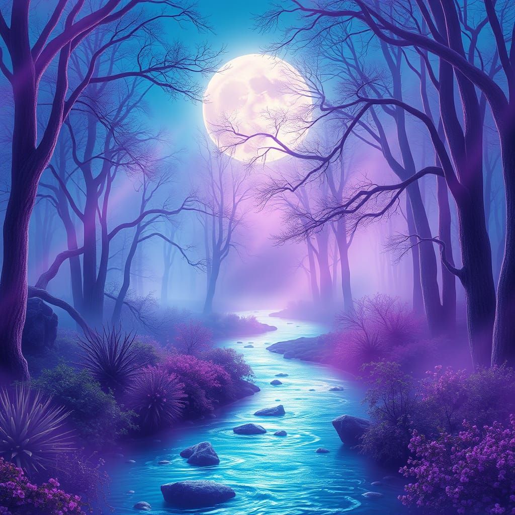 Moonlit Forest River in Fairytale Style