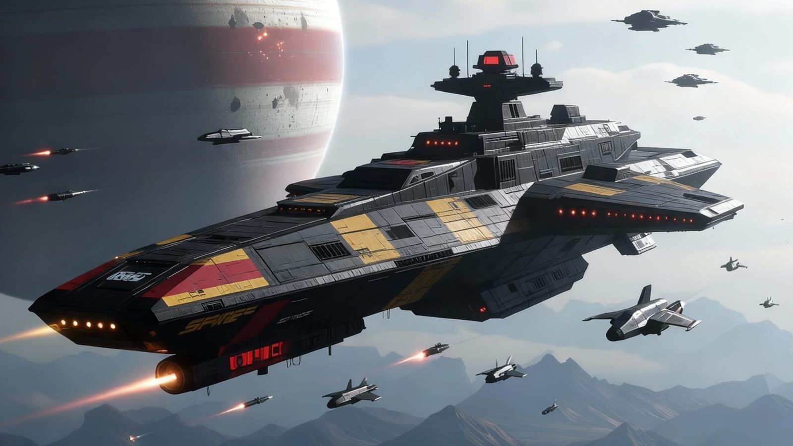 UNSC Supercarrier Orbiting Gas Giant in Brutalist Sci-Fi Sty...