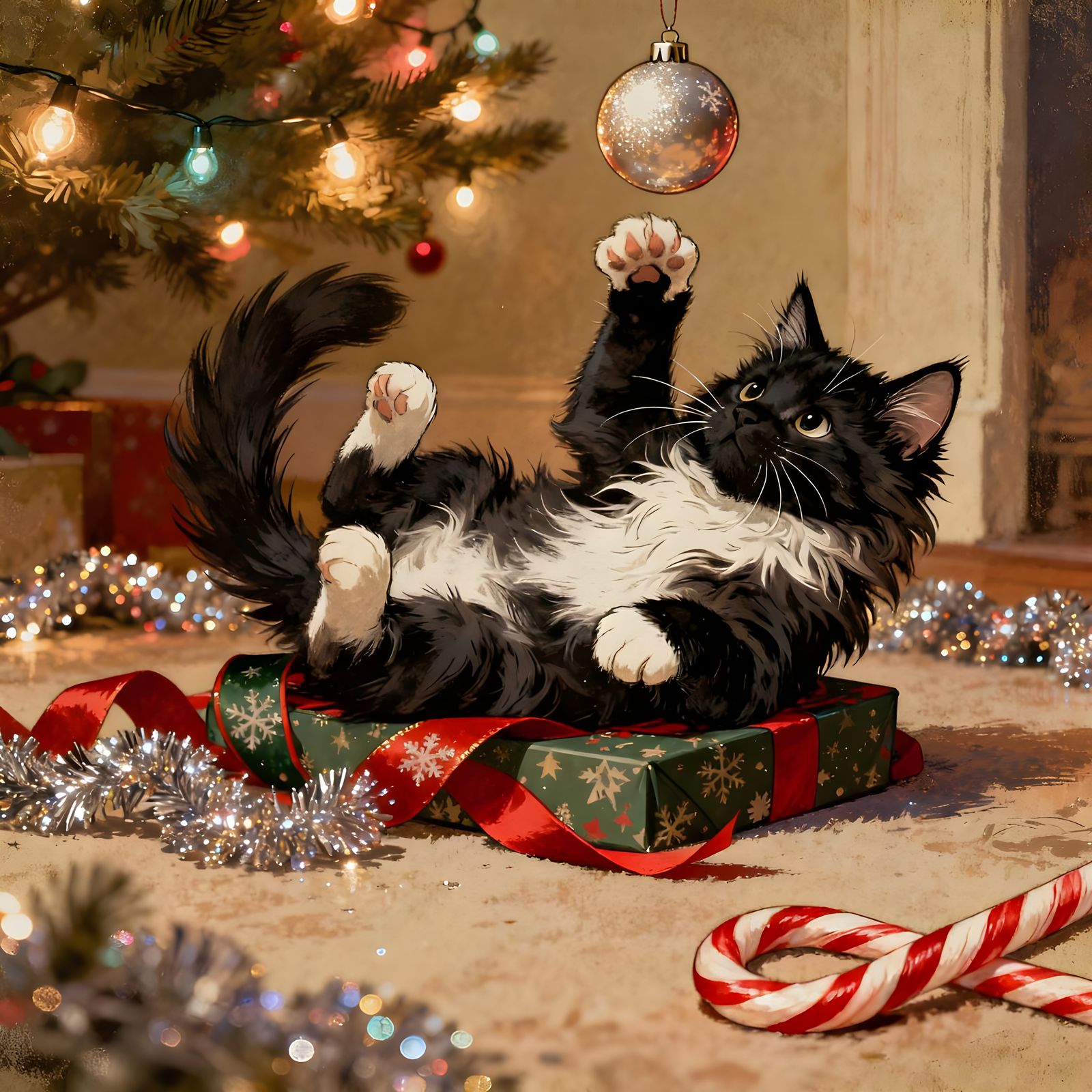 Vintage Christmas Kitten Playing with Ornament