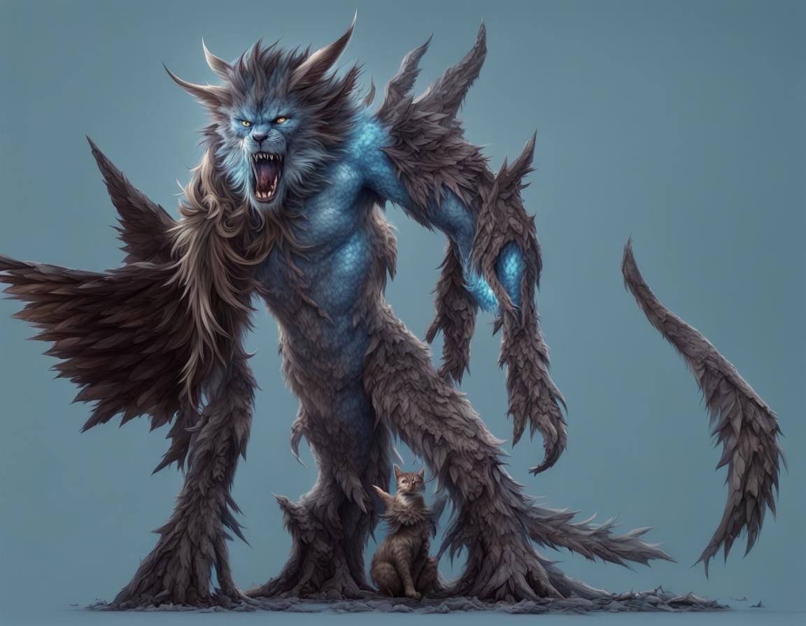 Icy Blue Monster with Shattered Angel Wings in a Dramatic, C...