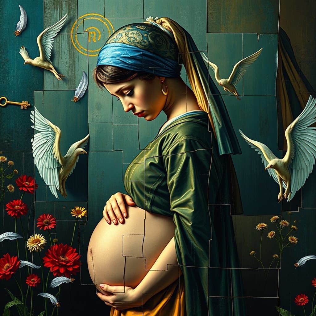 Surreal Pregnancy Scene in a Garden, Blending Technology and...