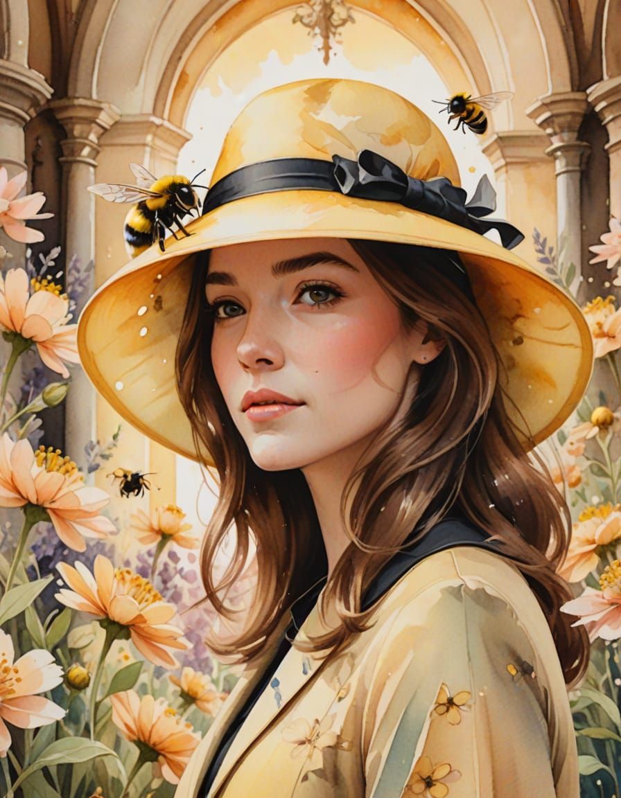 Bumblebee on Lady's Hat: Whimsical Watercolor Illustration