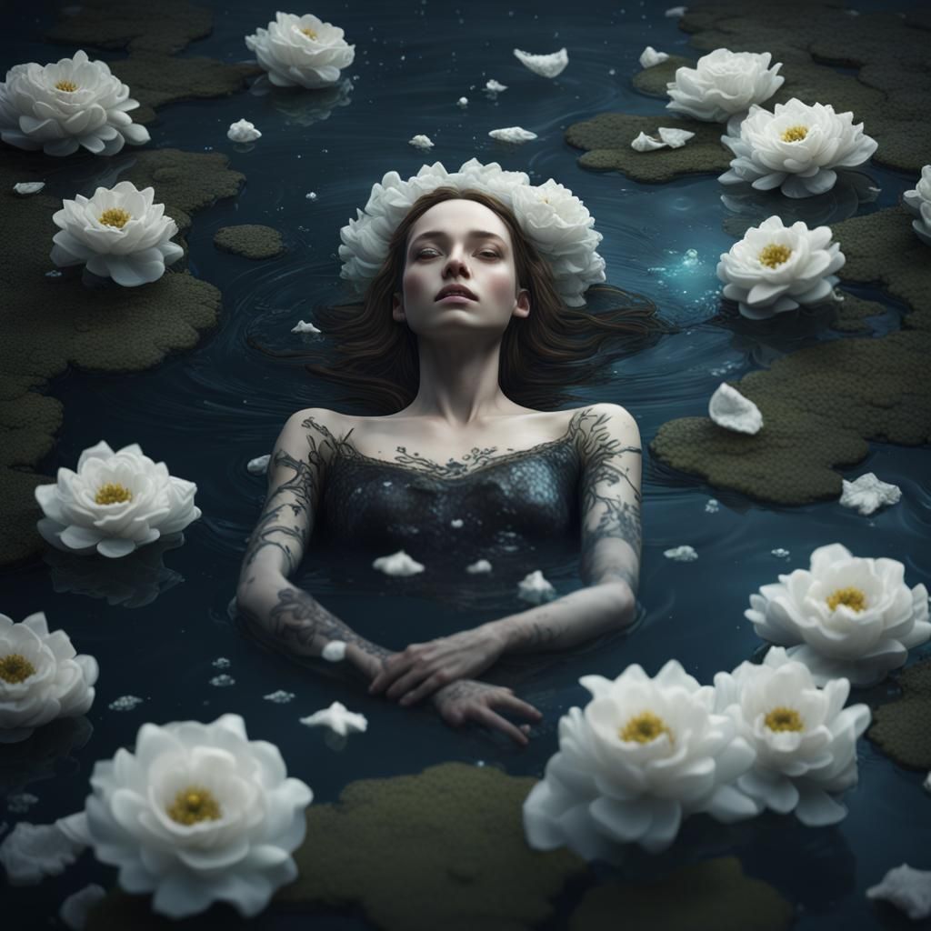 Ophelia in a Dark Pond of White Blooms and Plastic