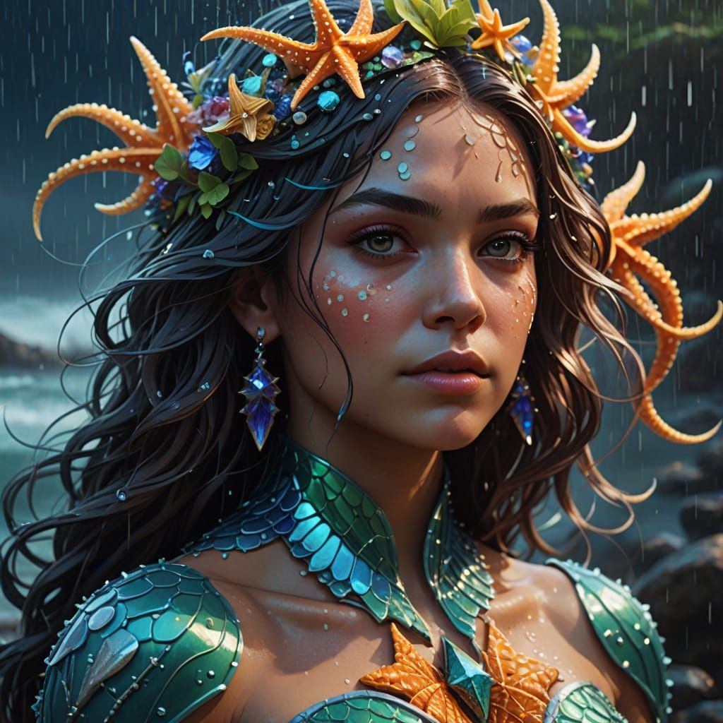 Starfish Mermaid Photographer in Deep Ocean Rain