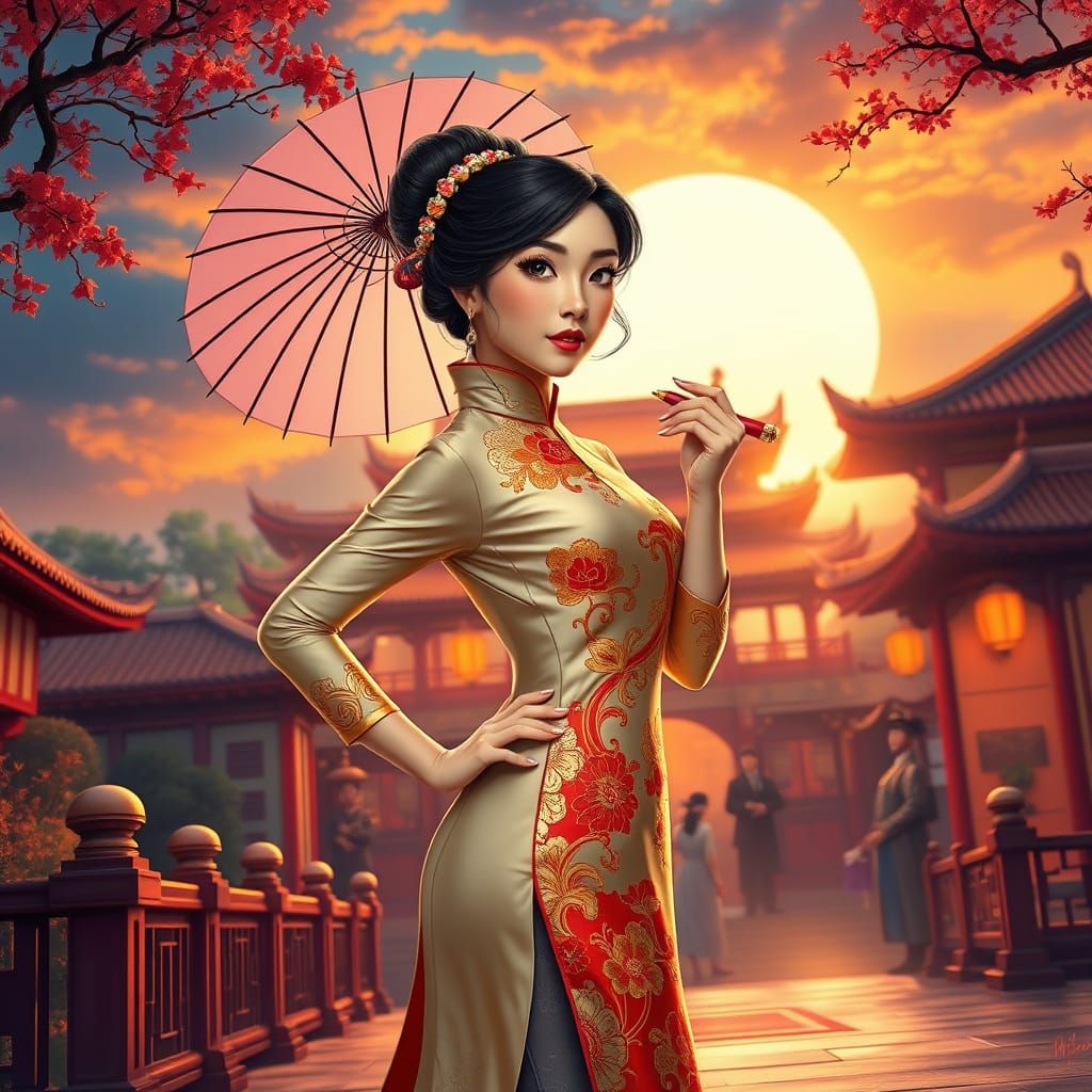 Hyperrealistic Disney Princess Mulan Pin Up in Elegant Chine...