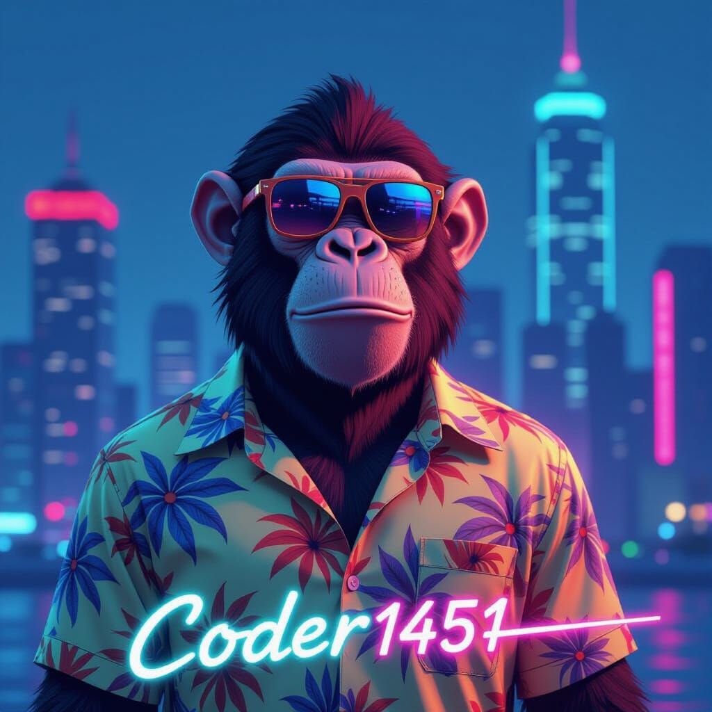 Animated Ape in Hawaiian Shirt, Futuristic Cityscape