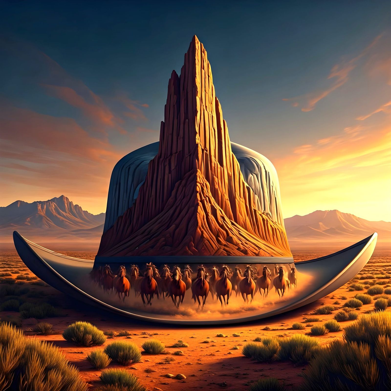 Hyperrealistic Cowboy Hat Formed by Horse Herd
