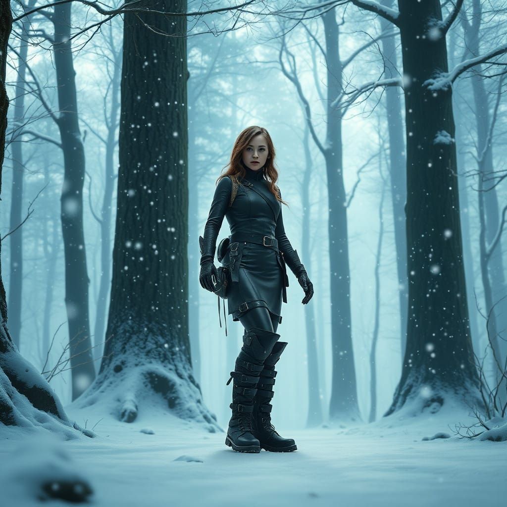 Girl in Cyberpunk Winter Landscape with Glowing Foliage