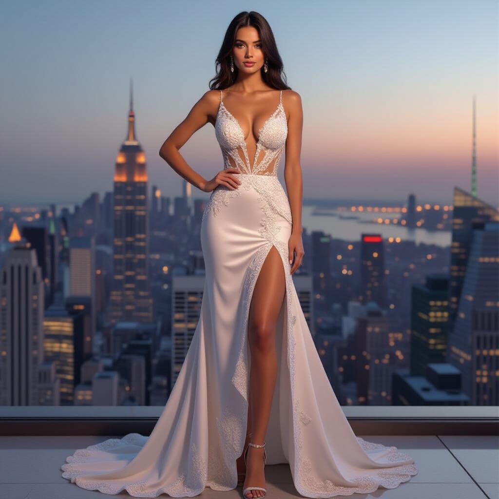 Elegant Woman in Gown with Cityscape Background
