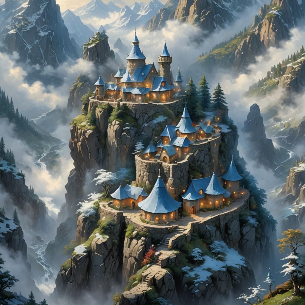 Dwarf Fortress in Blue and White, Ethereal Fantasy Scene