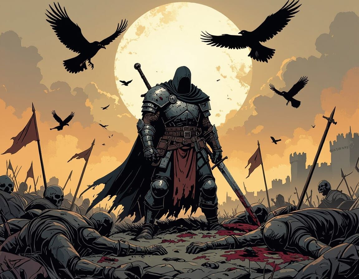 Wounded Medieval Warrior in Dark Comic Style