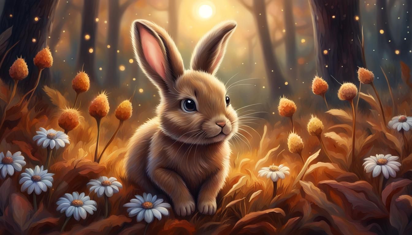 Whimsical Autumn Moonlit Scene with a Cute Brown Baby Bunny