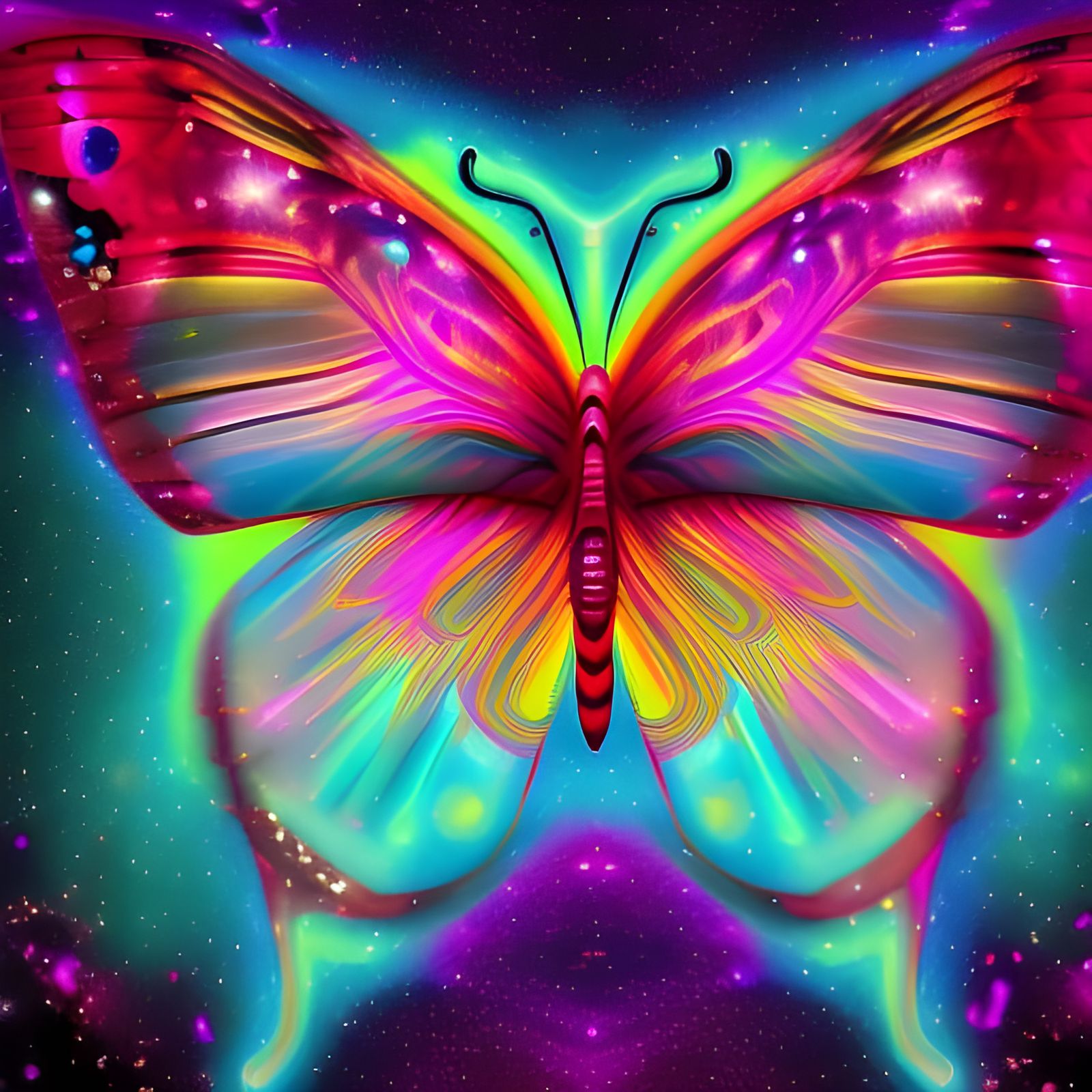Surreal Cosmic Butterfly Illustration in Mixed Media