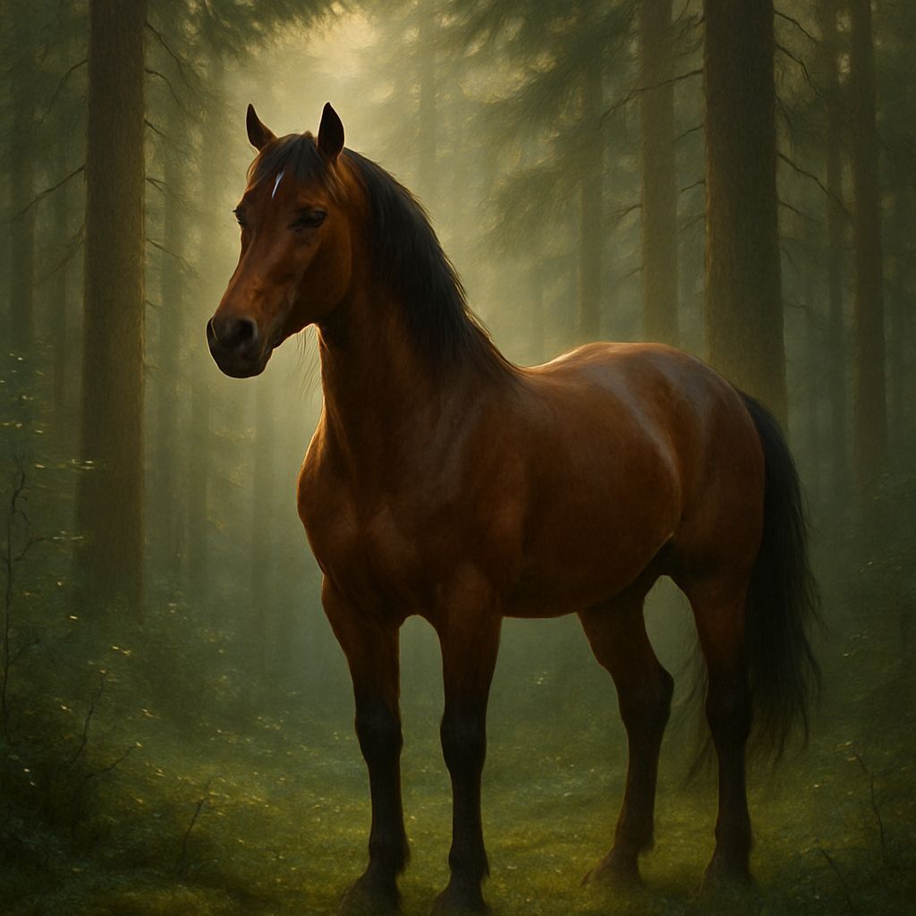 Majestic Brown Horse in Sunlit Forest, Digital Painting