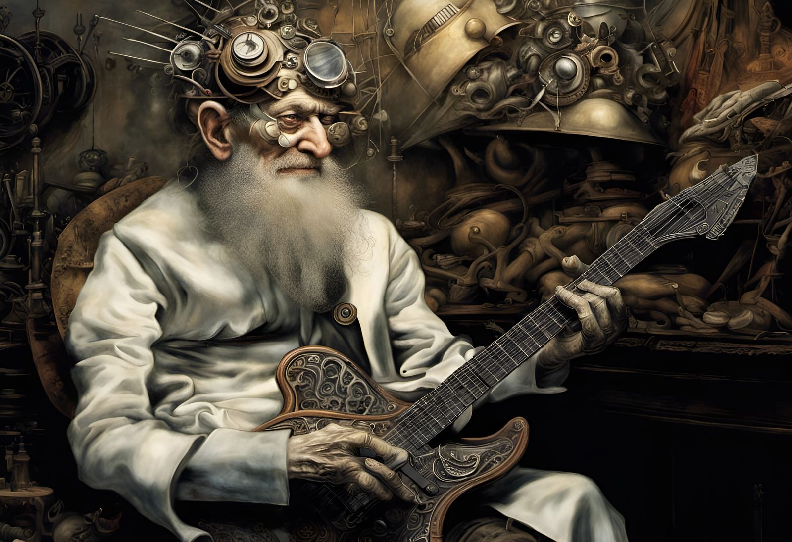 Steampunk Master Plays Electric Guitar in Apocalyptic Landsc...