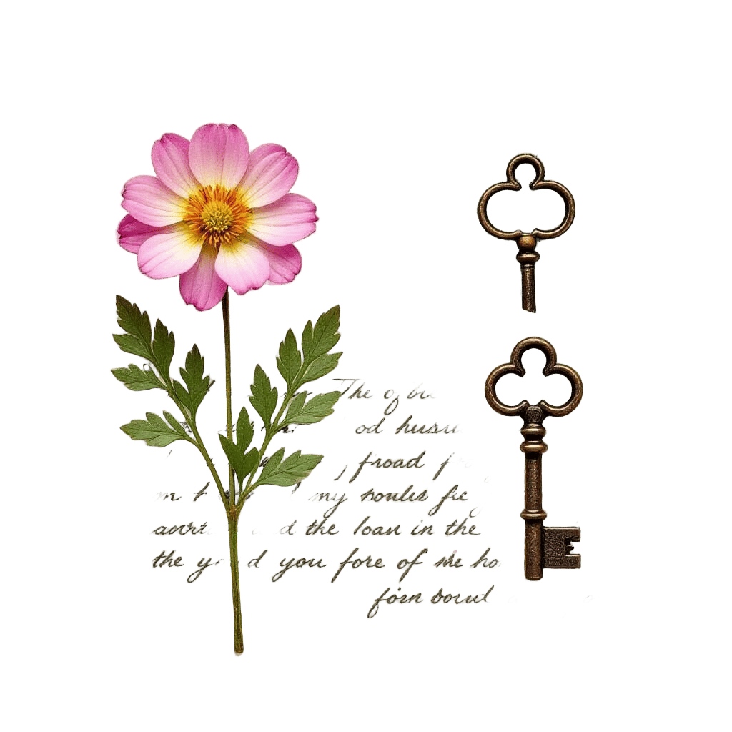 Intricate Collage of Flower, Letter, Key & Celestial Map