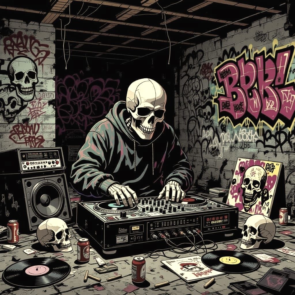 Skull Faced Beat Maker in Graffiti Basement Studio