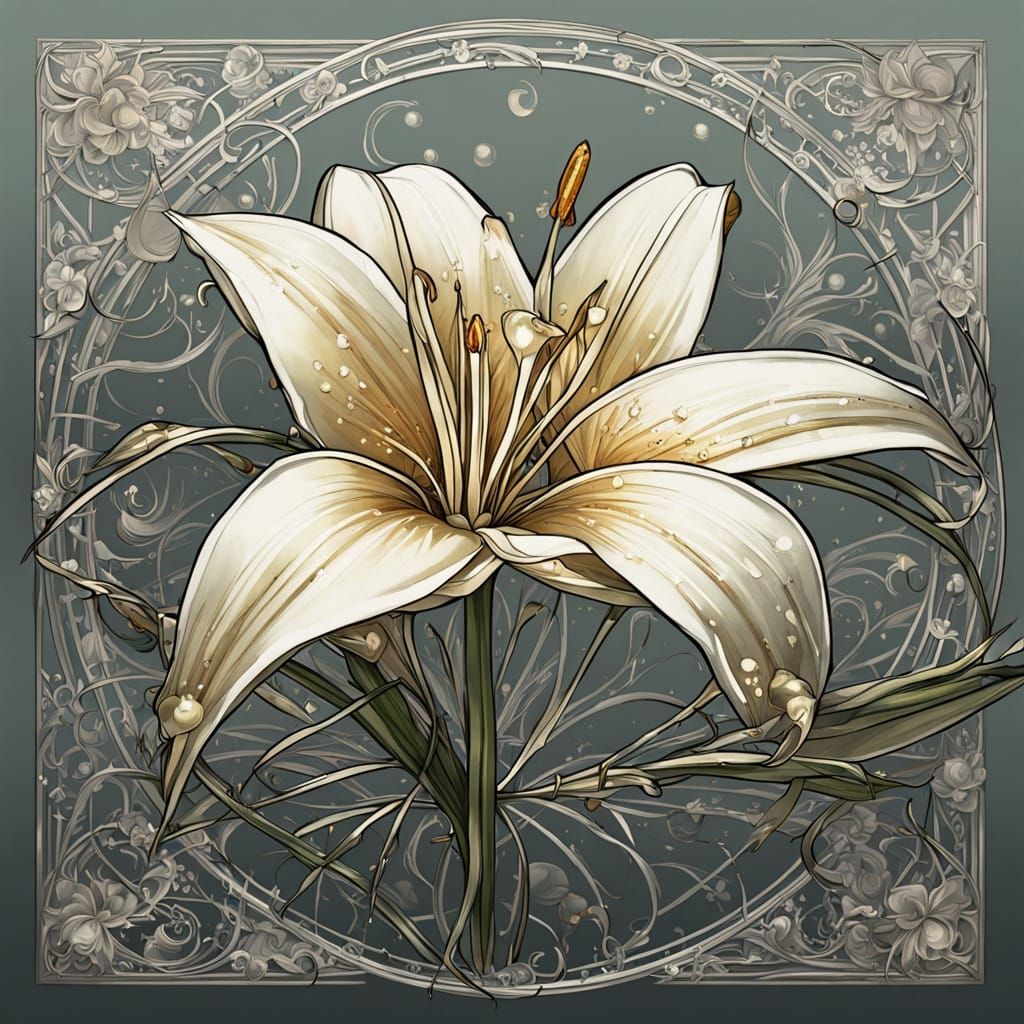 Art Nouveau Silver Lily Made of Spiderwebs