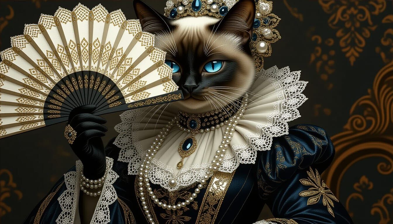 Victorian Siamese Cat with Feather Fan in Digital Painting S...