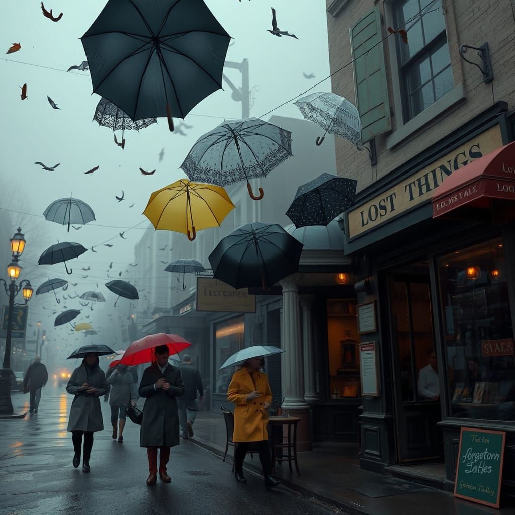Whimsical Urban Dreamscape with Falling Umbrellas in Soft Mo...