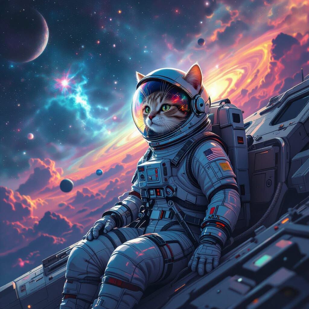 Astronaut Cat Adrift Among Distant Galaxies