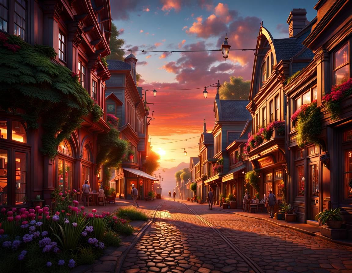 Fantastical Townscape at Sunset with Happy Citizens