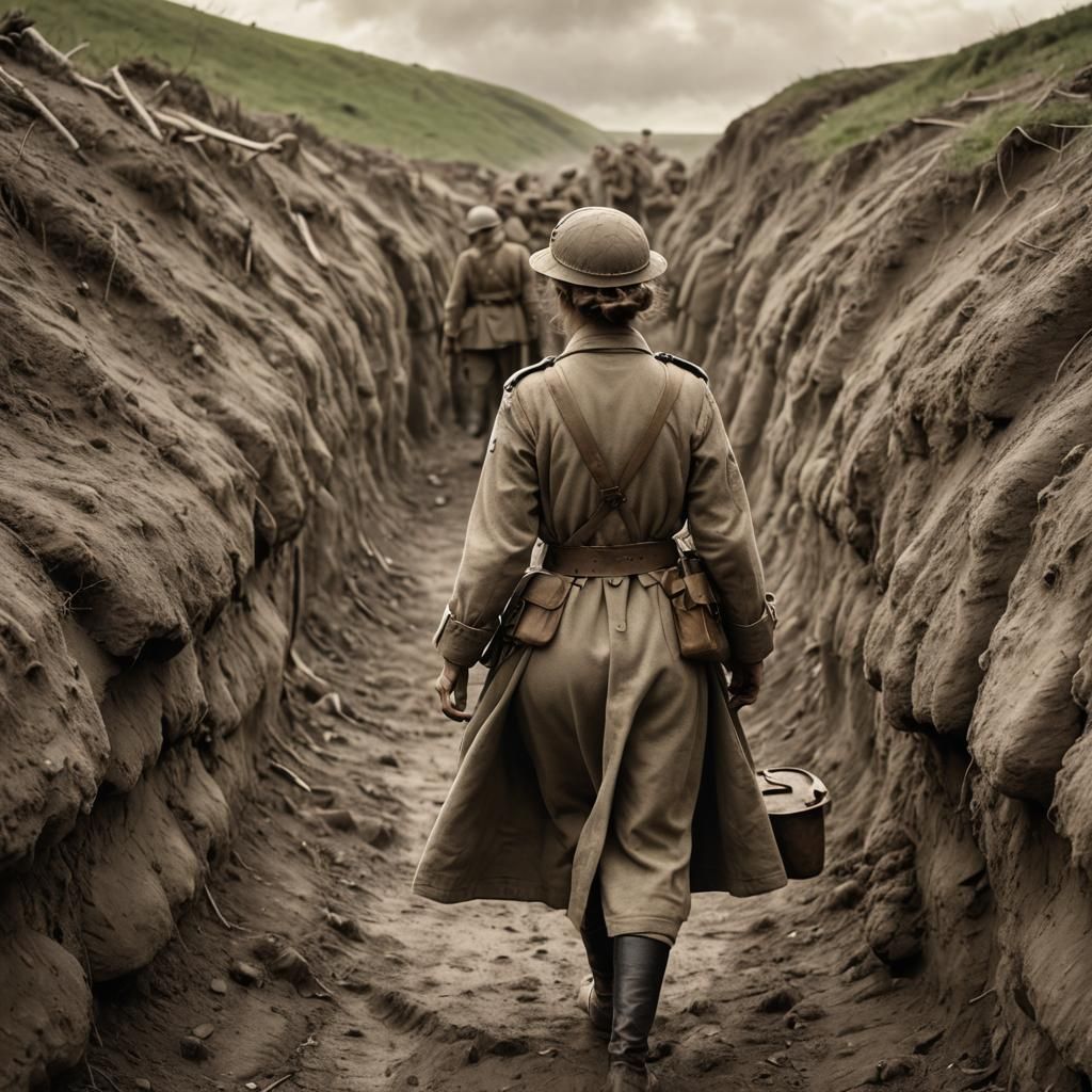 Victorious WW1 Female Soldier Emerges from Trench